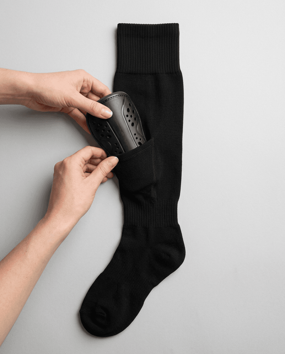 Händer som för in ett svart SP-benskydd i fickan på en svart SOCKPOCKET-strumpa