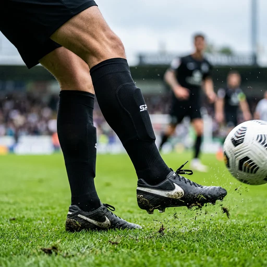 Spelare i match med benskyddet centrerat på framsidan av smalbenet