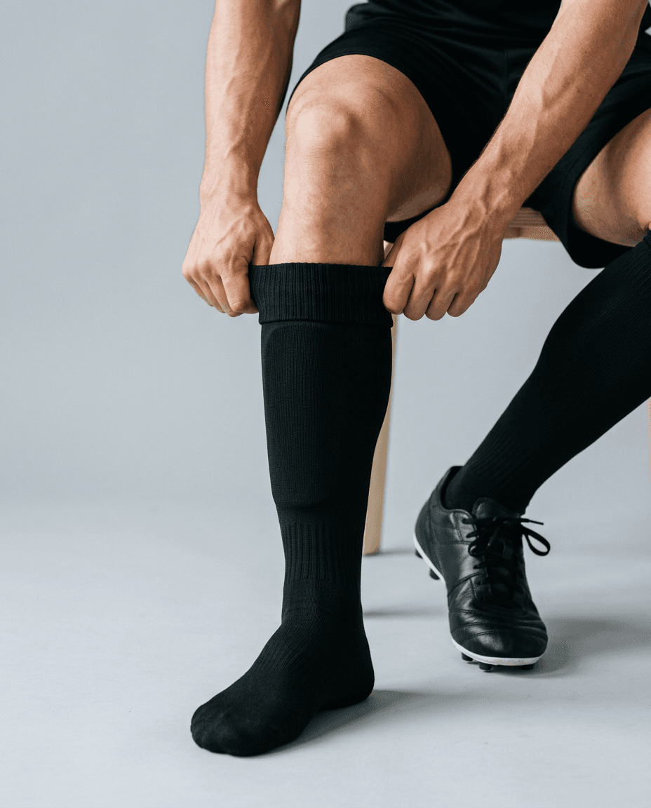 Spelare som drar på SOCKPOCKET-strumpan med benskyddet på framsidan