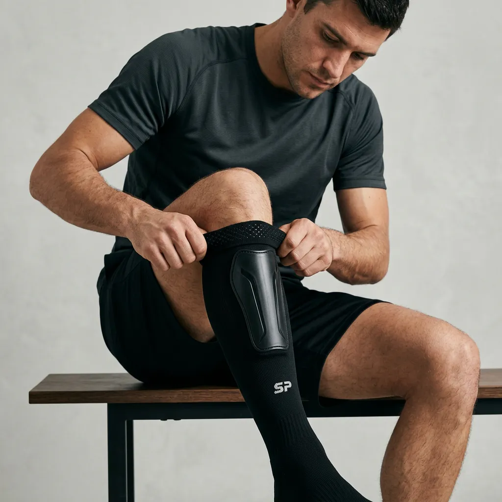 Spelare som drar på SOCKPOCKET-strumpan med benskyddet på framsidan