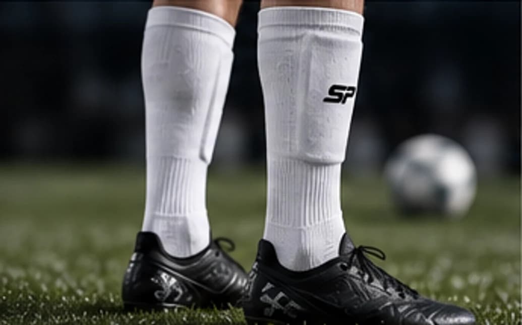 Fotbollsspelare i vita SOCKPOCKET-strumpor med benskyddet centrerat framför smalbenet