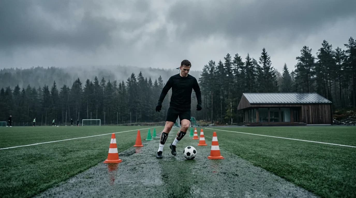 Fotbollsträning på konstgräs i gråväder med koner